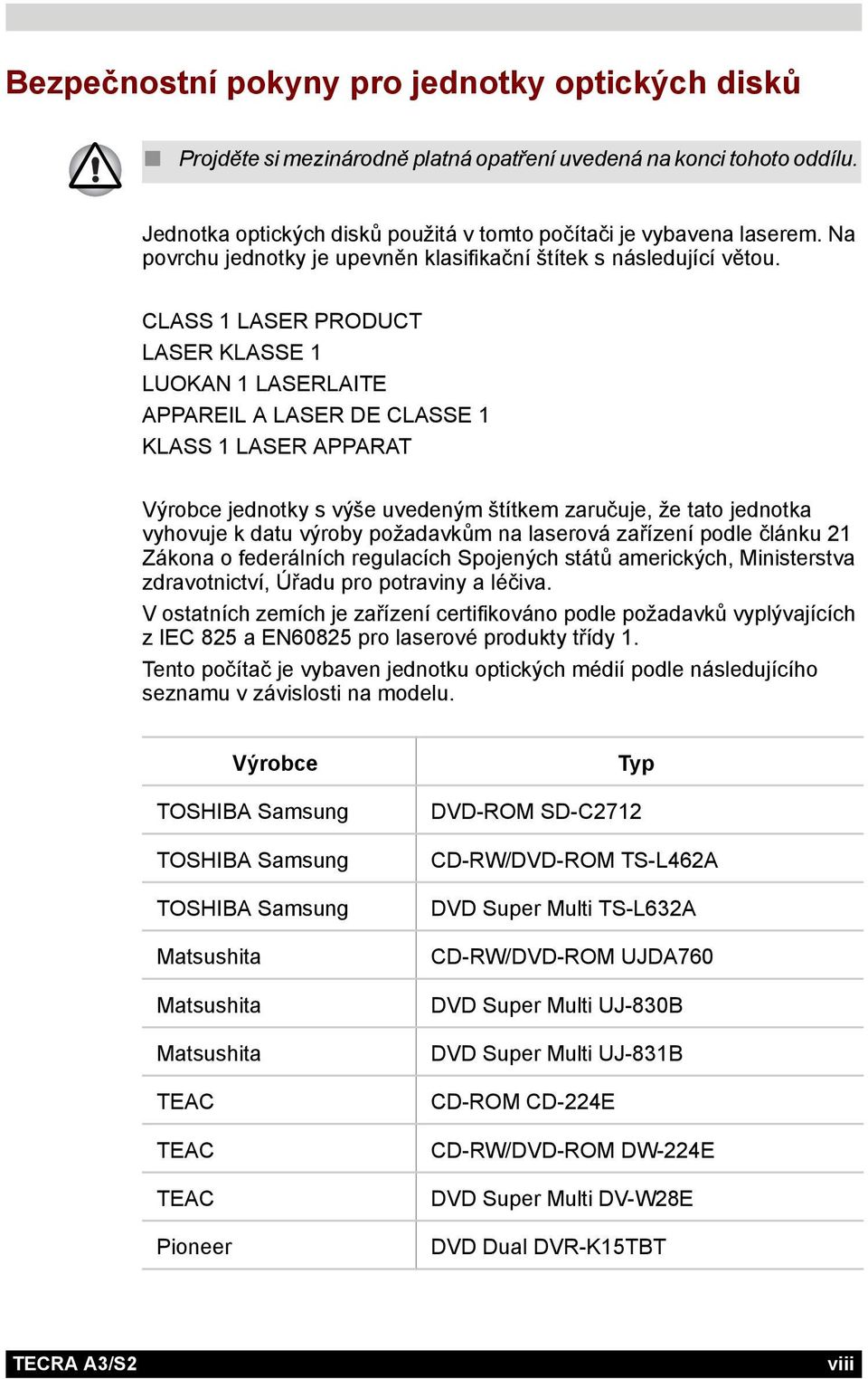 CLASS 1 LASER PRODUCT LASER KLASSE 1 LUOKAN 1 LASERLAITE APPAREIL A LASER DE CLASSE 1 KLASS 1 LASER APPARAT Výrobce jednotky s výše uvedeným štítkem zaručuje, že tato jednotka vyhovuje k datu výroby