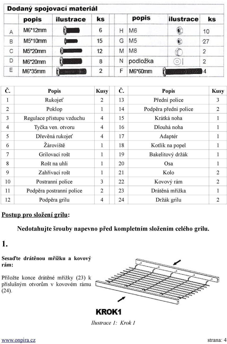 21 Kolo 2 10 Postranní police 3 22 Kovový rám 2 11 Podpěra postranní police 2 23 Drátěná mřížka 1 12 Podpěra grilu 4 24 Držák grilu 2 Postup pro složení grilu: 1.