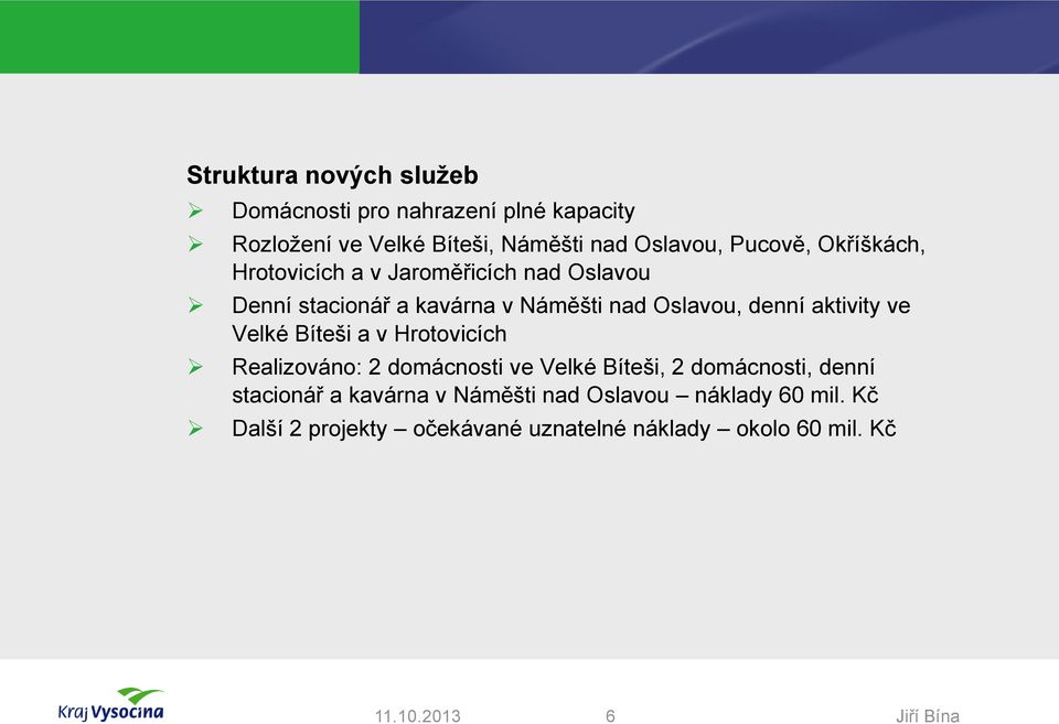 aktivity ve Velké Bíteši a v Hrotovicích Realizováno: 2 domácnosti ve Velké Bíteši, 2 domácnosti, denní stacionář a