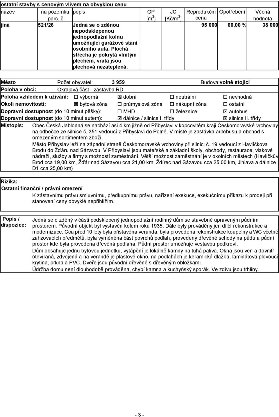 OP [m 3 ] JC [Kč/m 3 ] Reprodukční Opotřebení Věcná cena hodnota 95 000 60,00 % 38 000 Město Počet obyvatel: 3 959 Budova: volně stojící Poloha v obci: Okrajová část - zástavba RD Poloha vzhledem k