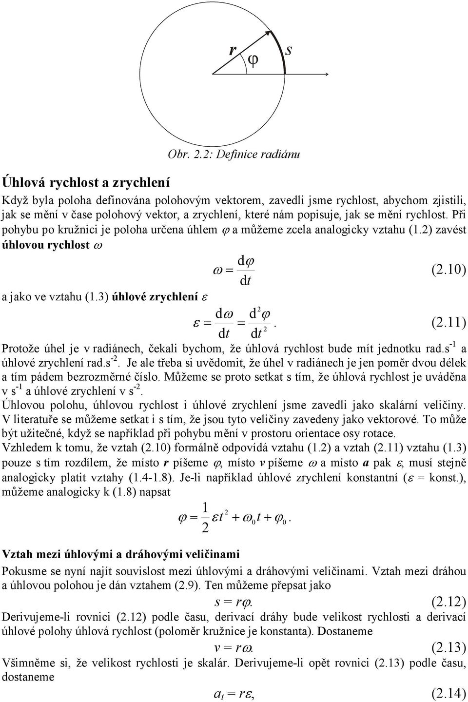 3) úhlové zrychlení ε dω d ϕ ε = =. (.11) Protože úhel je v radiánech, čekali bychom, že úhlová rychlost bude mít jednotku rad.s -1