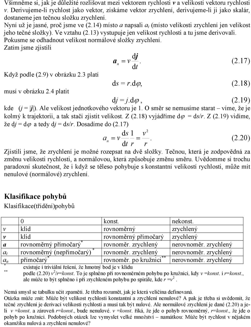 14) místo a napsali a t (místo velikosti zrychlení jen velikost jeho tečné složky). Ve vztahu (.13) vystupuje jen velikost rychlosti a tu jsme derivovali.