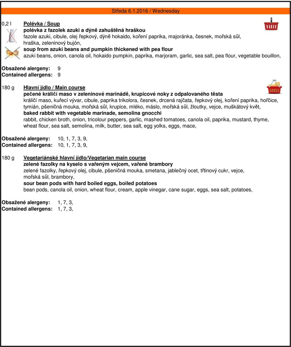 Contained allergens: 9 pečené králičí maso v zeleninové marinádě, krupicové noky z odpalovaného těsta králičí maso, kuřecí vývar, cibule, paprika trikolora, česnek, drcená rajčata, řepkový olej,