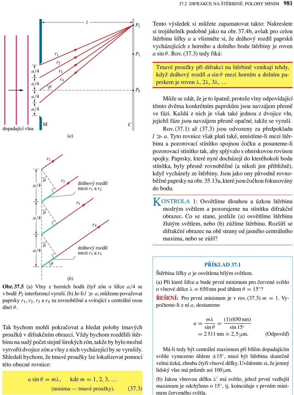 3) tey říká: a/4 a/4 a/4 a/4 M opaající vlna a/4 a/4 a/4 r 1 r 1 r r 3 r 4 (a) r ráhový rozíl mezi r 1 a r r 3 r 4 ráhový rozíl mezi r 3 a r 4 C P 0 Tmavé proužky při ifrakci na štěrbině vznikají