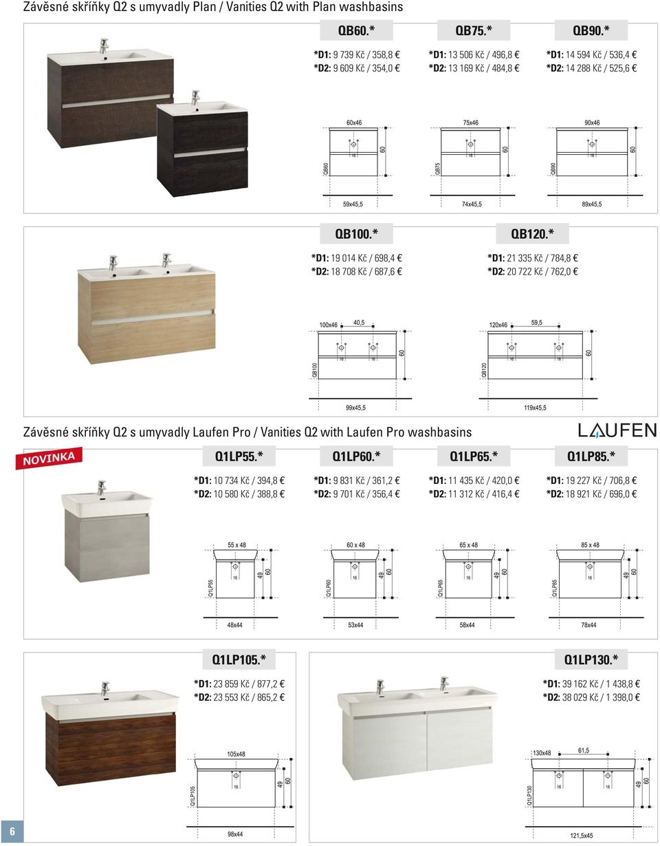 * *D1: 21 335 Kč / 784,8 *D2: 20 722 Kč / 762,0 Závěsné skříňky Q2 s umyvadly Laufen Pro / Vanities Q2 with Laufen Pro washbasins Q1LP55.* Q1LP60.* Q1LP65.* Q1LP85.