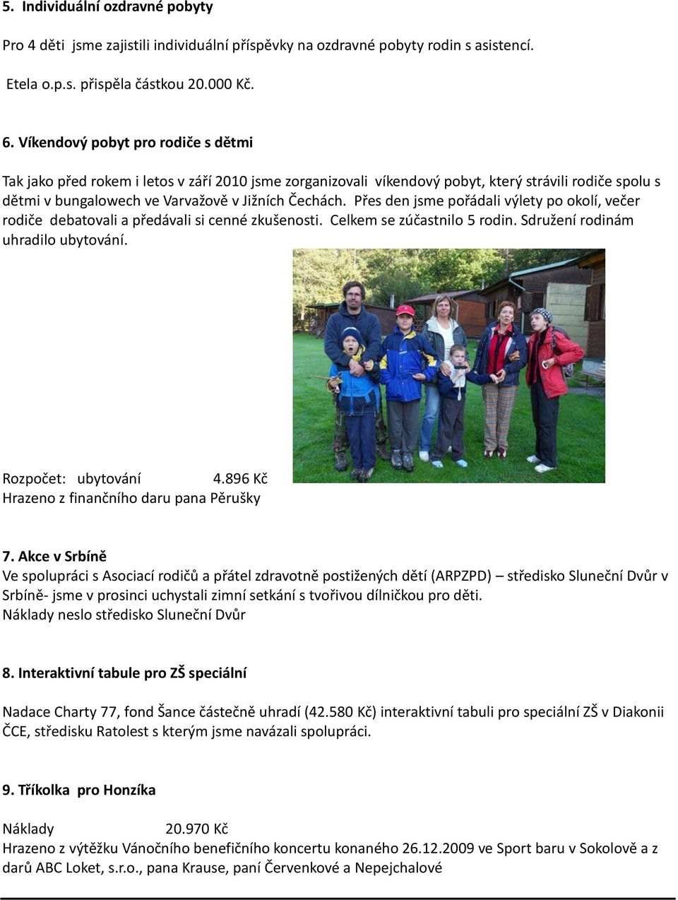 Přes den jsme pořádali výlety po okolí, večer rodiče debatovali a předávali si cenné zkušenosti. Celkem se zúčastnilo 5 rodin. Sdružení rodinám uhradilo ubytování. Rozpočet: ubytování 4.