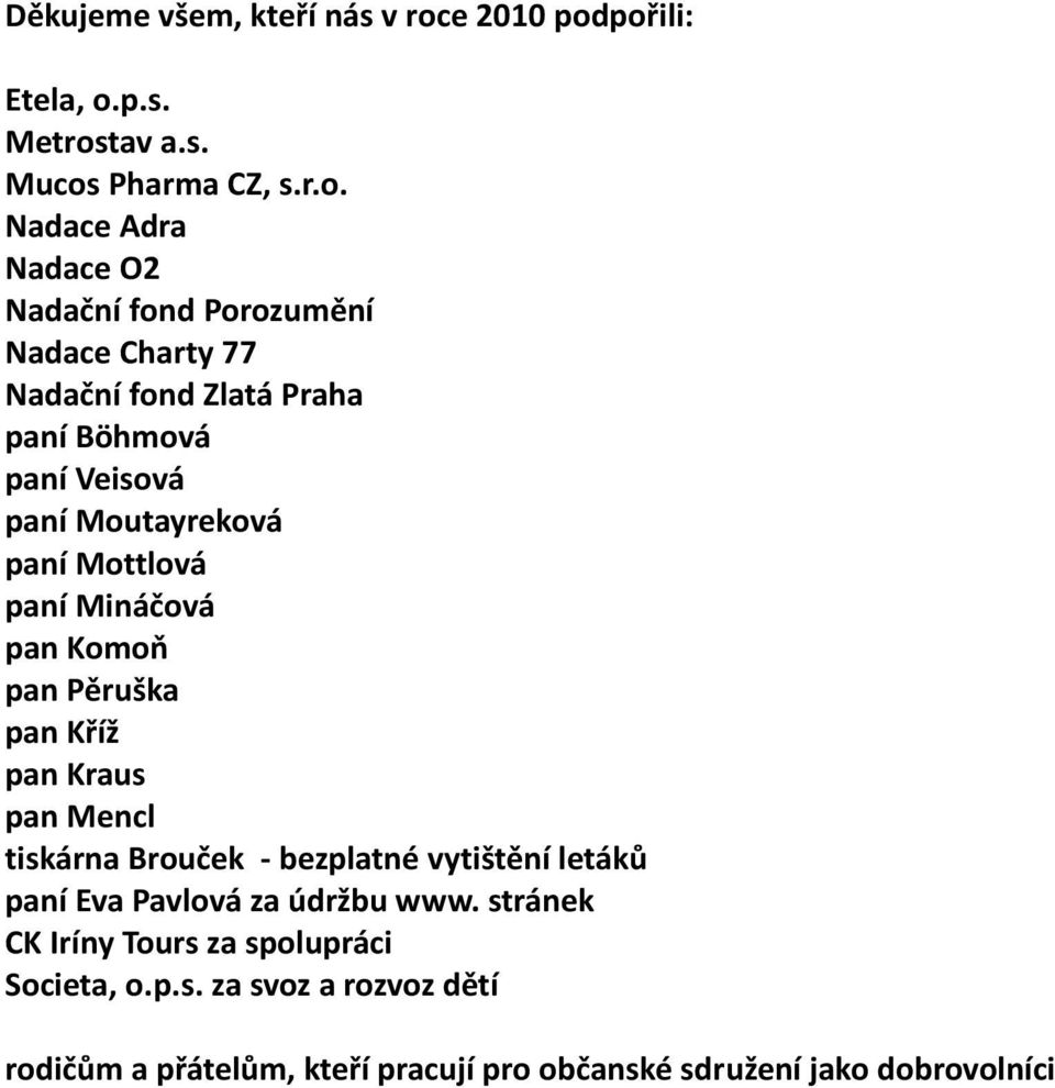 pořili: Etela, o.p.s. Metrostav a.s. Mucos Pharma CZ, s.r.o. Nadace Adra Nadace O2 Nadační fond Porozumění Nadace Charty 77 Nadační