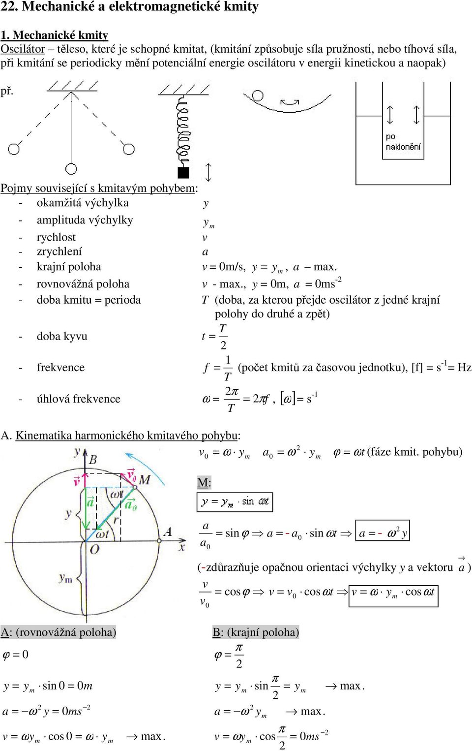 Pojy související s itavý ohybe: - oažitá výchyla y - alituda výchyly y - rychlost v - zrychlení a - rajní oloha v /s, y y, a ax. - rovnovážná oloha v - ax.