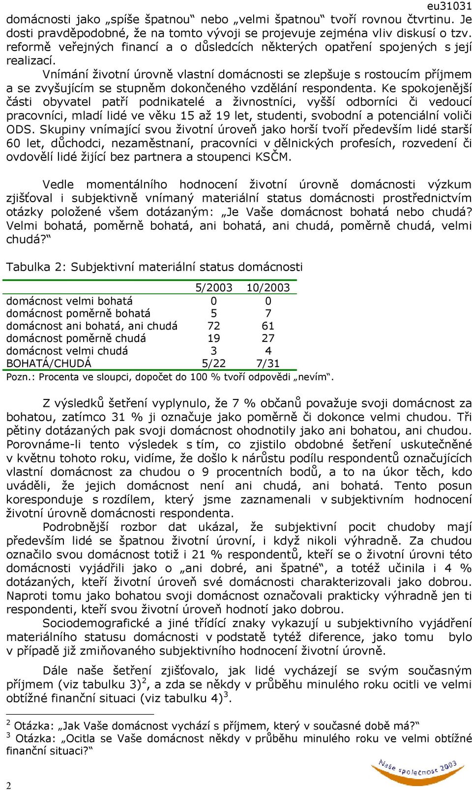 Vnímání životní úrovně vlastní domácnosti se zlepšuje s rostoucím příjmem a se zvyšujícím se stupněm dokončeného vzdělání respondenta.