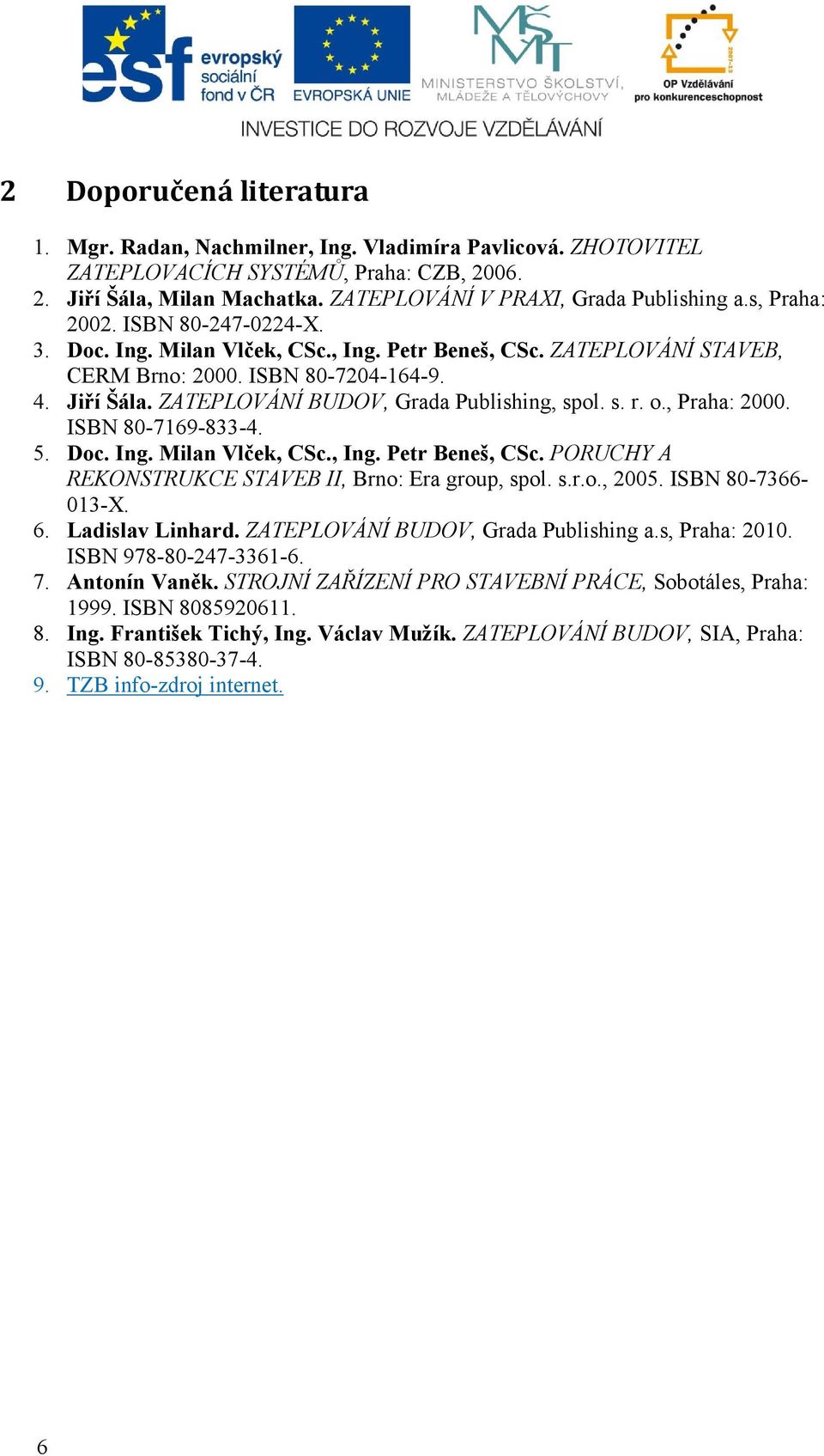 ZATEPLOVÁNÍ BUDOV, Grada Publishing, spol. s. r. o., Praha: 2000. ISBN 80-7169-833-4. 5. Doc. Ing. Milan Vlček, CSc., Ing. Petr Beneš, CSc. PORUCHY A REKONSTRUKCE STAVEB II, Brno: Era group, spol. s.r.o., 2005.