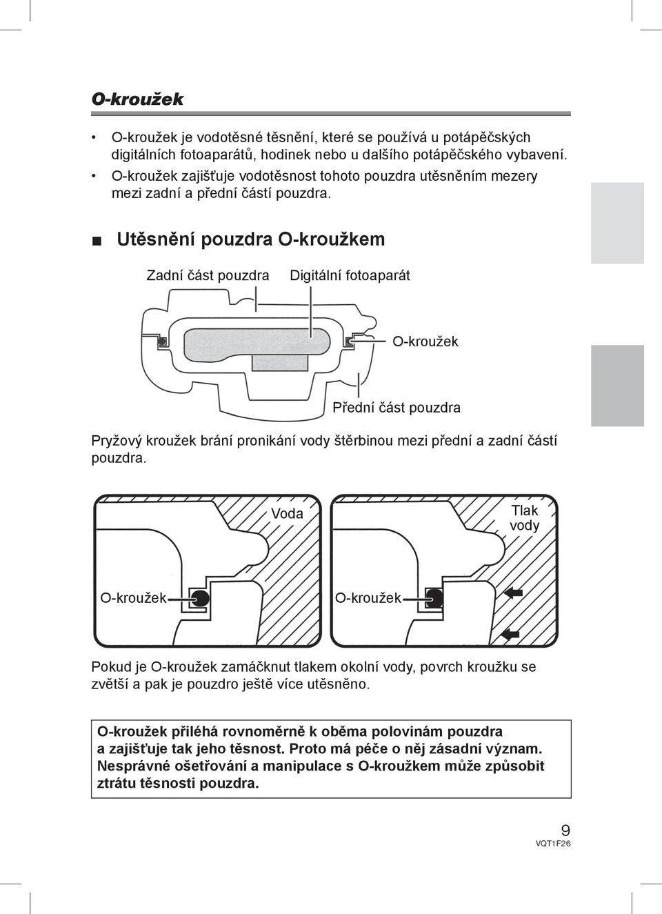 Utěsnění pouzdra O-kroužkem Zadní část pouzdra Digitální fotoaparát O-kroužek Přední část pouzdra Pryžový kroužek brání pronikání vody štěrbinou mezi přední a zadní částí pouzdra.