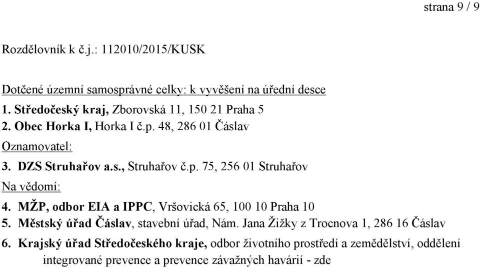 p. 75, 256 01 Struhařov Na vědomí: 4. MŽP, odbor EIA a IPPC, Vršovická 65, 100 10 Praha 10 5. Městský úřad Čáslav, stavební úřad, Nám.