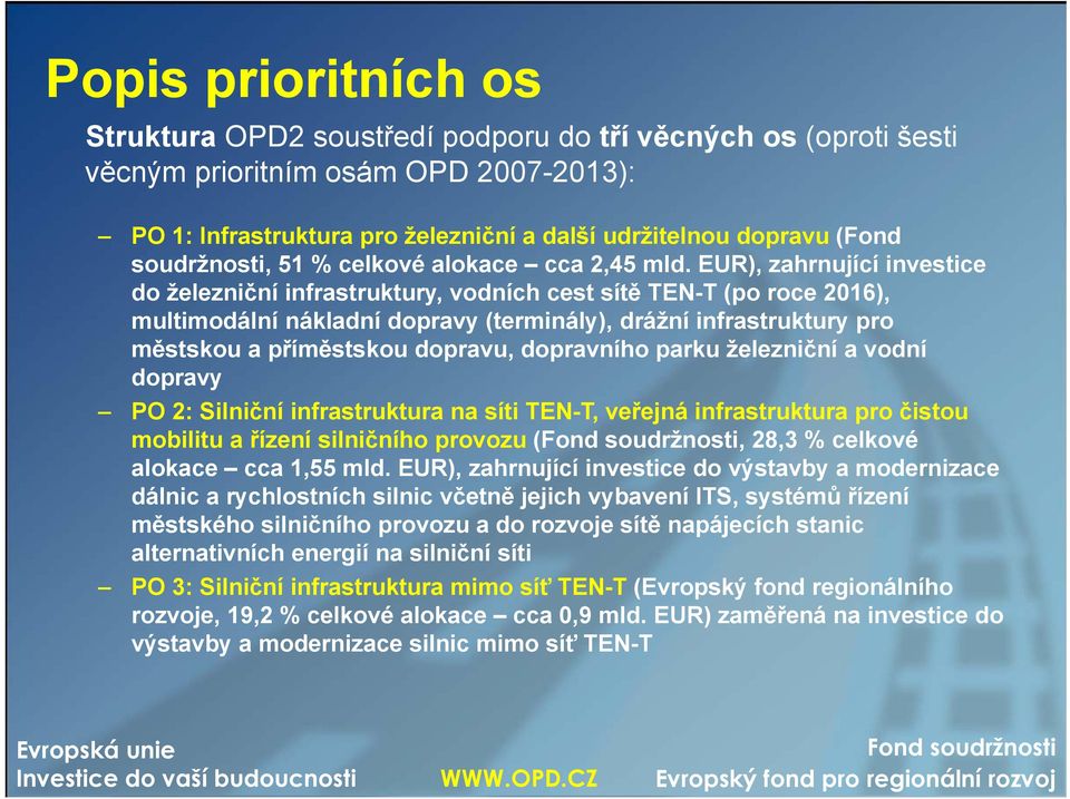 EUR), zahrnující investice do železniční infrastruktury, vodních cest sítě TEN-T (po roce 2016), multimodální nákladní dopravy (terminály), drážní infrastruktury pro městskou a příměstskou dopravu,