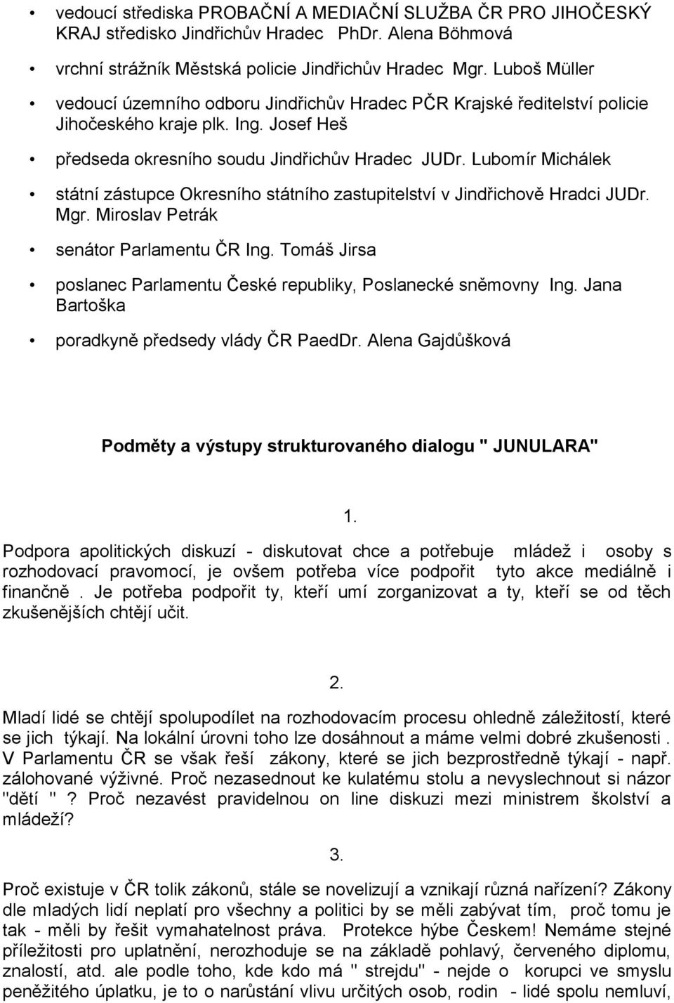 Lubomír Michálek státní zástupce Okresního státního zastupitelství v Jindřichově Hradci JUDr. Mgr. Miroslav Petrák senátor Parlamentu ČR Ing.