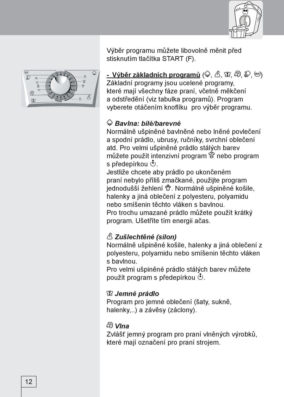 Program vyberete otáčením knoflíku pro výběr programu. Bavlna: bílé/barevné Normálně ušpiněné bavlněné nebo lněné povlečení a spodní prádlo, ubrusy, ručníky, svrchní oblečení atd.