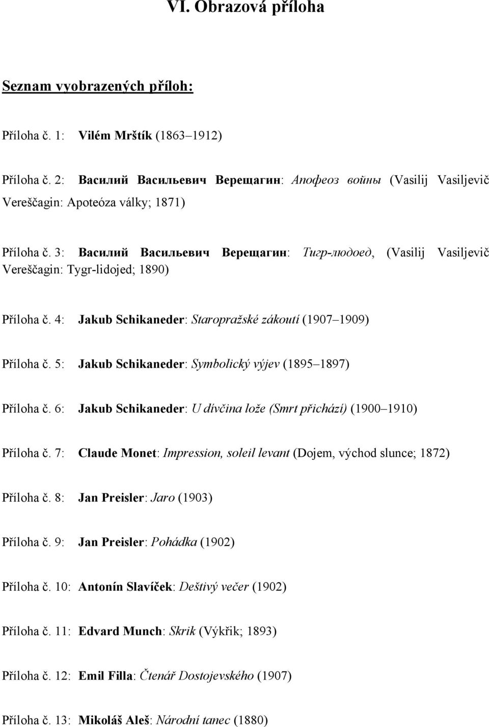 3: Василий Васильевич Верещагин: Тигр-людоед, (Vasilij Vasiljevič Vereščagin: Tygr-lidojed; 1890) Příloha č. 4: Jakub Schikaneder: Staropražské zákoutí (1907 1909) Příloha č.