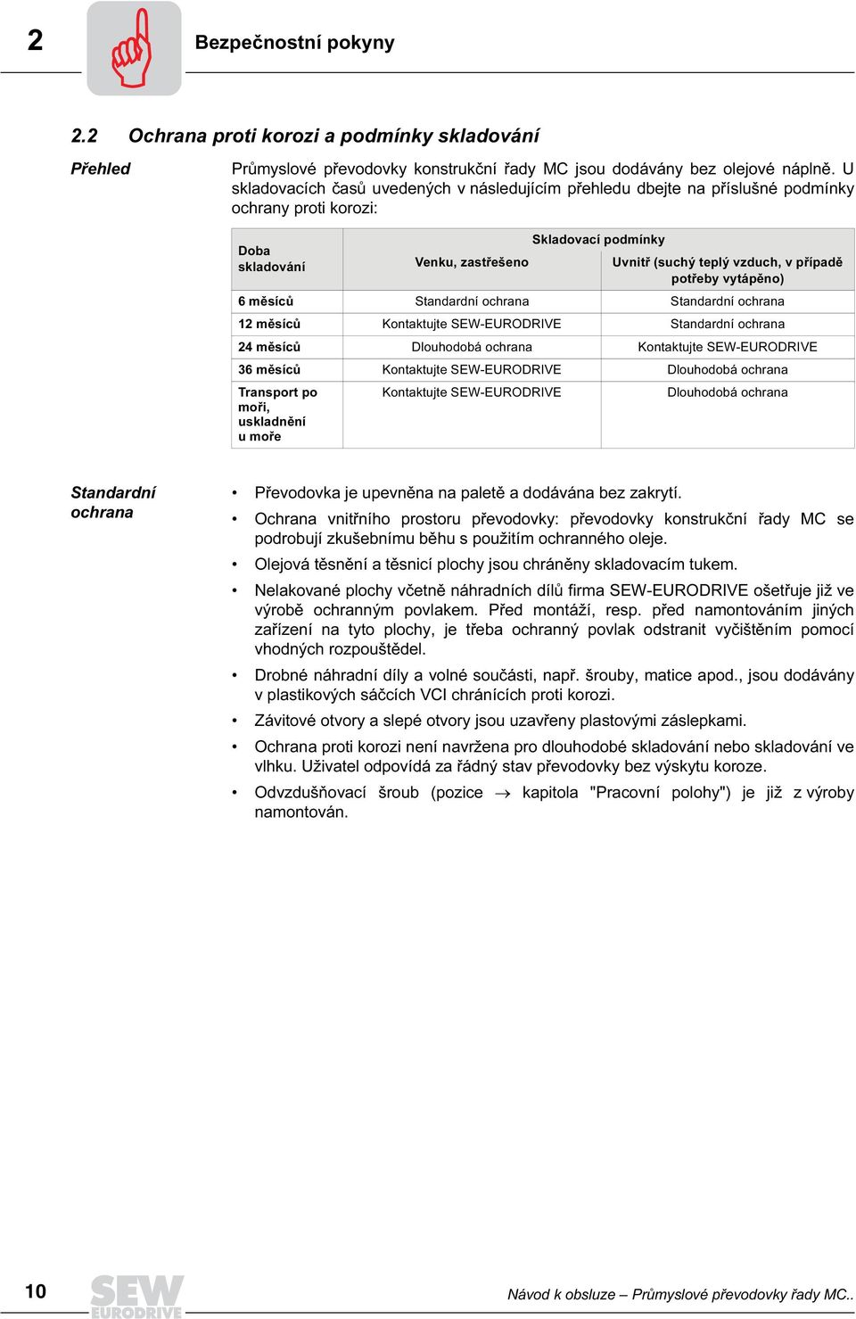 potřeby vytápěno) 6 měsíců Standardní ochrana Standardní ochrana 12 měsíců Kontaktujte SEWEURODRIVE Standardní ochrana 24 měsíců Dlouhodobá ochrana Kontaktujte SEWEURODRIVE 36 měsíců Kontaktujte