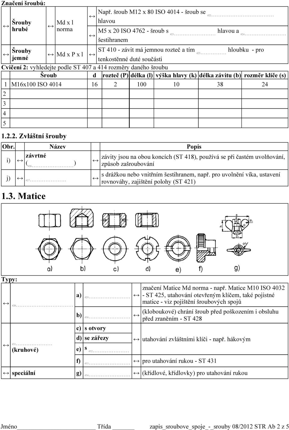 součásti Cvičení 2: vyhledejte podle ST 407 a 414 rozměry daného šroubu Šroub d rozteč (P) délka (l) výška hlavy (k) délka závitu (b) rozměr klíče (s) 1 M16x100 ISO 4014 16 2 100 10 38 24 2 3 4 5 Obr.