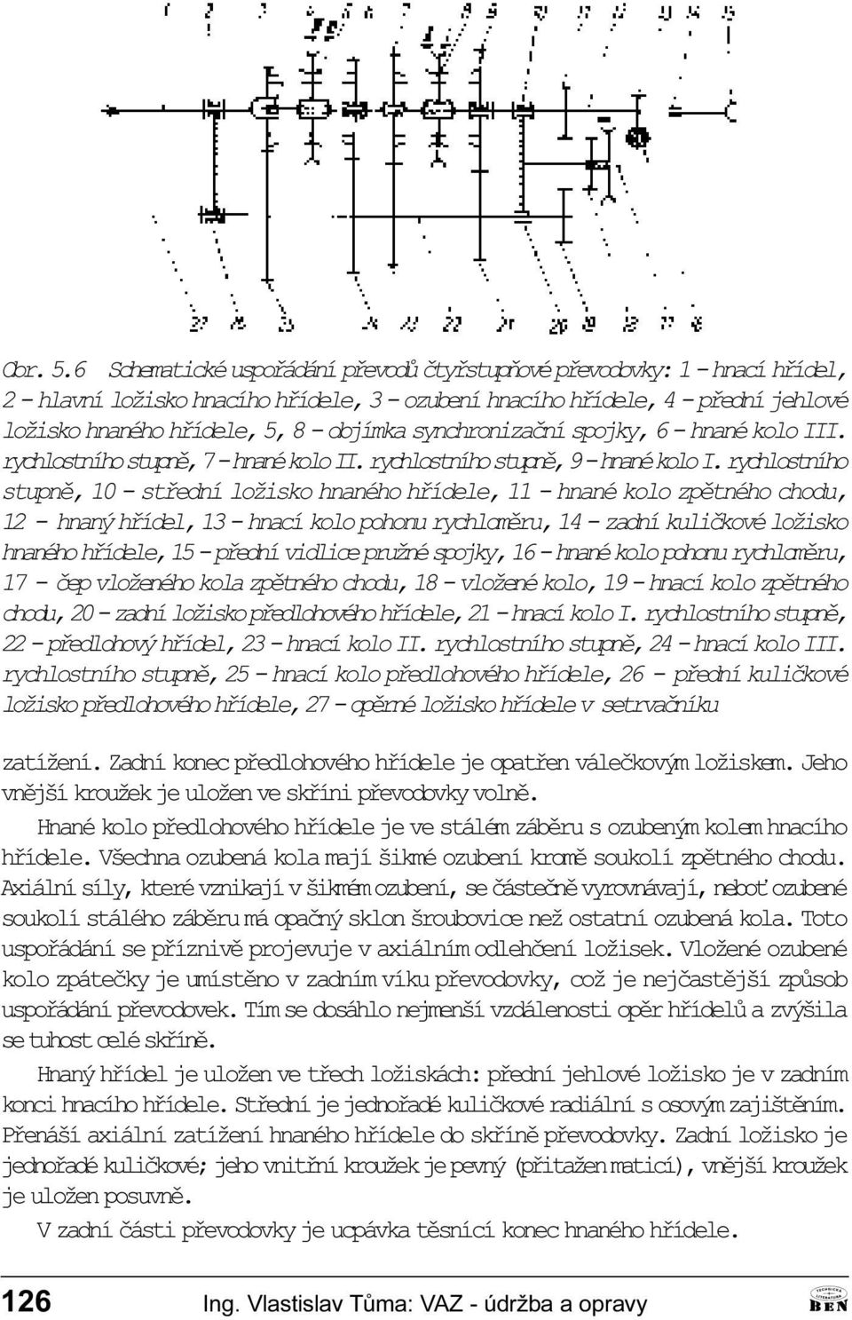 kolo zpìtného chodu, 12 - hnaný høídel, 13 - hnací kolo pohonu rychlomìru, 14 - zadní kulièkové ložisko hnaného høídele, 15 - pøední vidlice pružné spojky, 16 - hnané kolo pohonu rychlomìru, 17 - èep