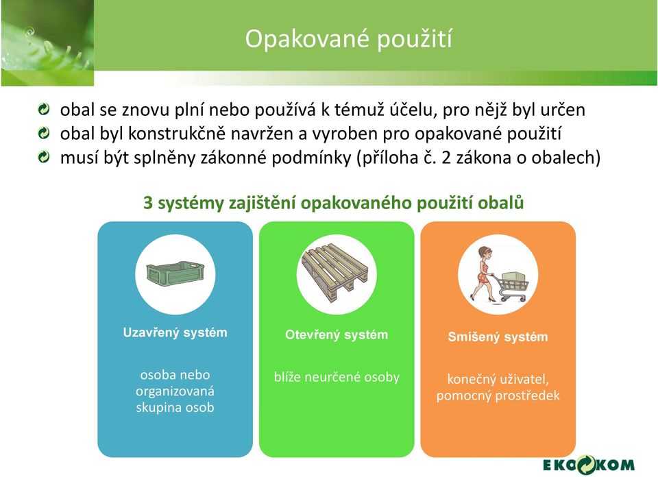 2 zákona o obalech) 3 systémy zajištění opakovaného použití obalů Uzavřený systém Otevřený systém