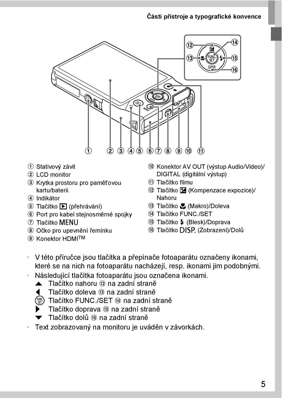 /SET Tlačítko h (Blesk)/Doprava Tlačítko l (Zobrazení)/Dolů V této příručce jsou tlačítka a přepínače fotoaparátu označeny ikonami, které se na nich na fotoaparátu nacházejí, resp.