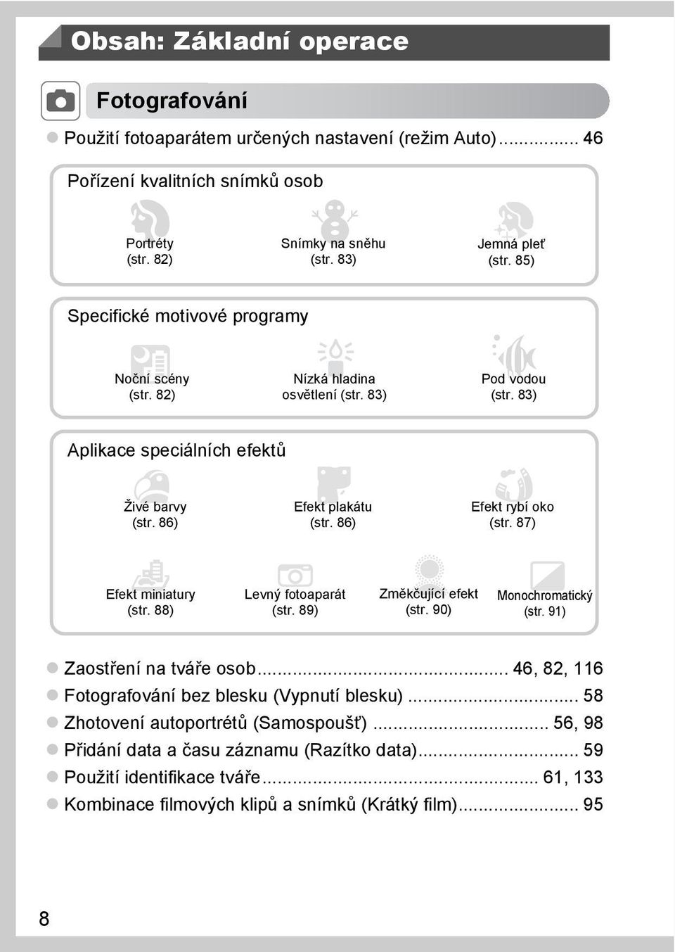 86) Efekt rybí oko (str. 87) Efekt miniatury (str. 88) Levný fotoaparát (str. 89) Změkčující efekt (str. 90) Monochromatický (str. 91) Zaostření na tváře osob.