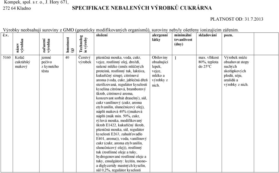 5160 Koláč makový jemné pečivo z kynutého těsta 40 Čerstvý pšeničná mouka, voda, cukr, vejce, rostlinný olej, droždí, sušené mléko (směs mléčných proteinů, rostlinný tuk, laktóza, kukuřičný sirup),