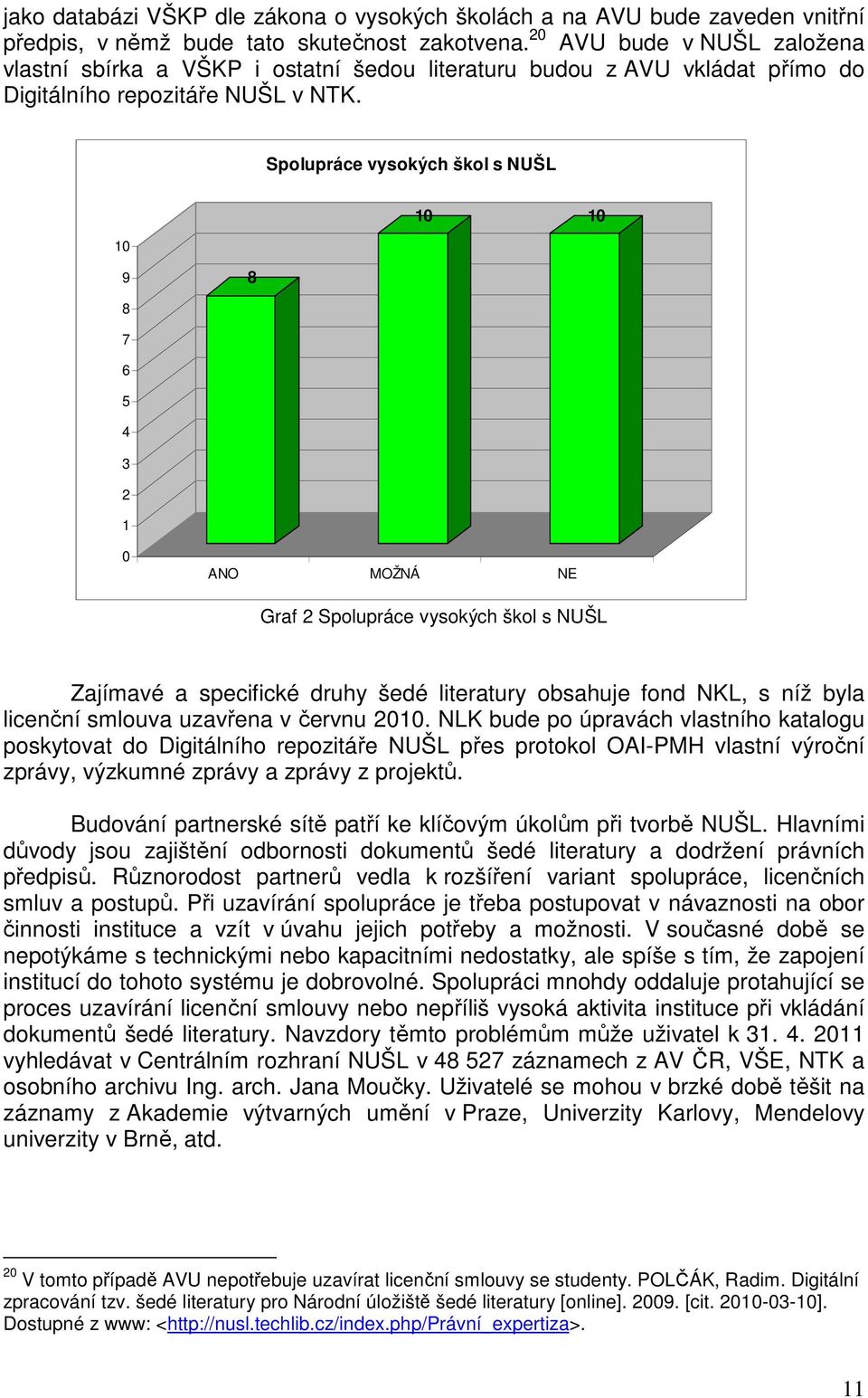 Spolupráce vysokých škol s NUŠL 10 10 10 9 8 8 7 6 5 4 3 2 1 0 ANO MOŽNÁ NE Graf 2 Spolupráce vysokých škol s NUŠL Zajímavé a specifické druhy šedé literatury obsahuje fond NKL, s níž byla licenční