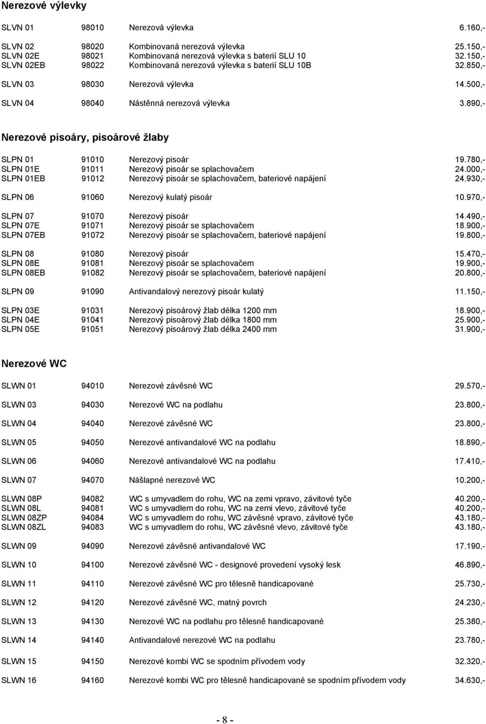 890,- Nerezové pisoáry, pisoárové žlaby SLPN 01 91010 Nerezový pisoár 19.780,- SLPN 01E 91011 Nerezový pisoár se splachovačem 24.