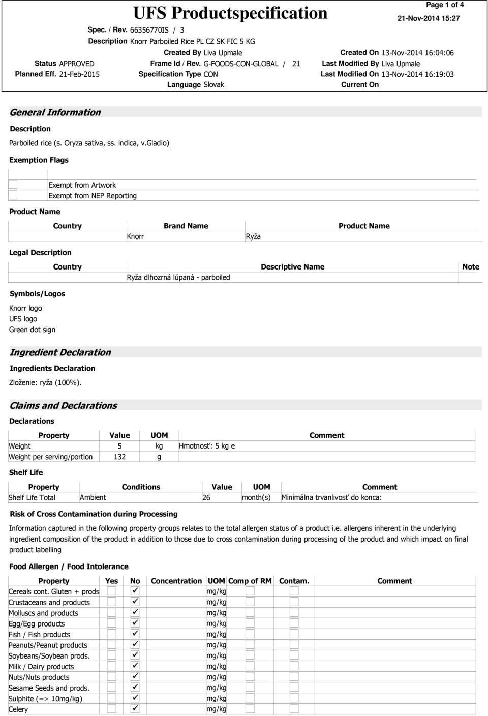 Exemption Flags Product Name Exempt from Artwork Exempt from NEP Reporting Country Knorr Brand Name Ryža Product Name Legal Description Country Ryža dlhozrná lúpaná - parboiled Descriptive Name Note