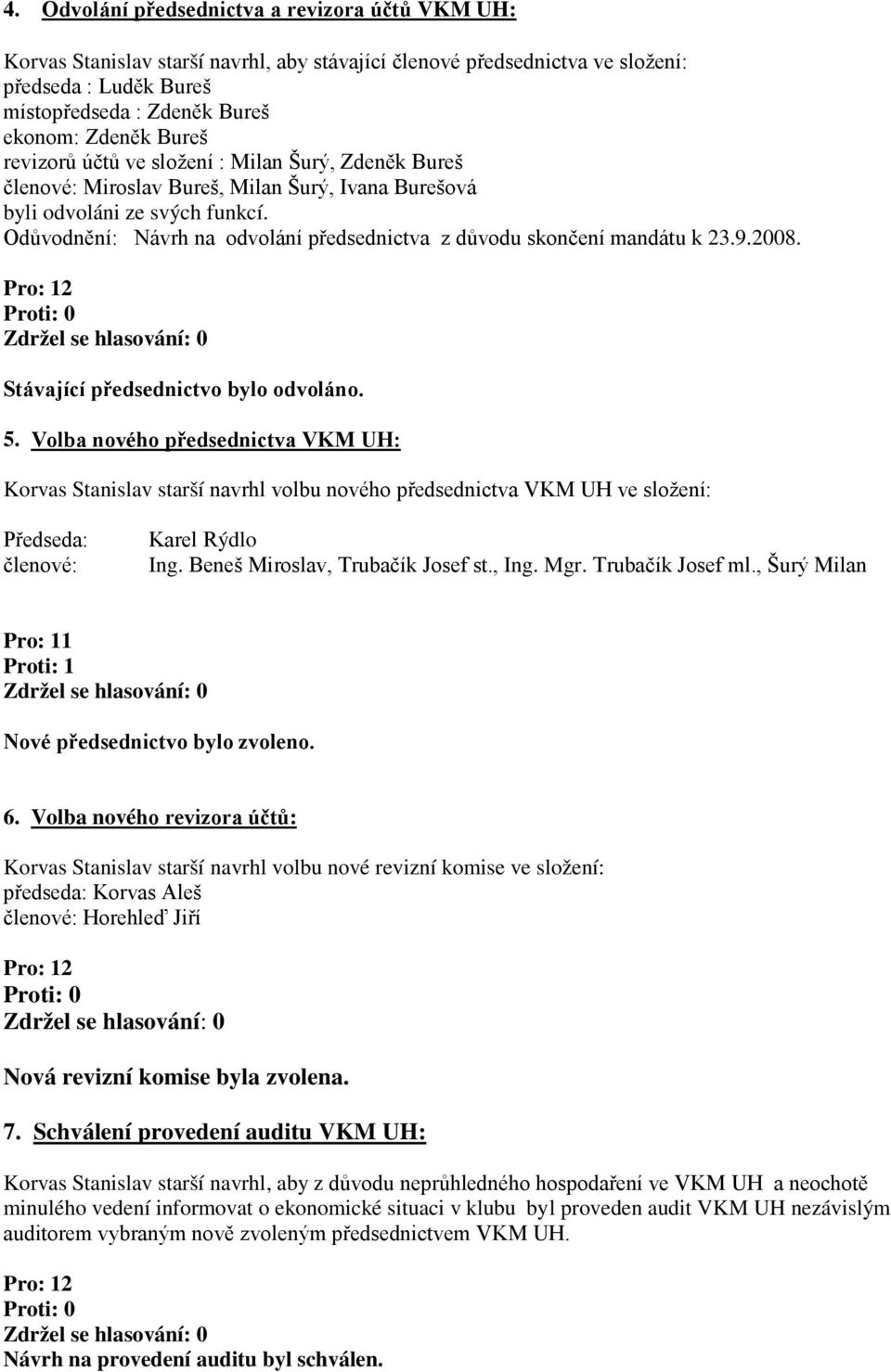 Odůvodnění: Návrh na odvolání předsednictva z důvodu skončení mandátu k 23.9.2008. Stávající předsednictvo bylo odvoláno. 5.