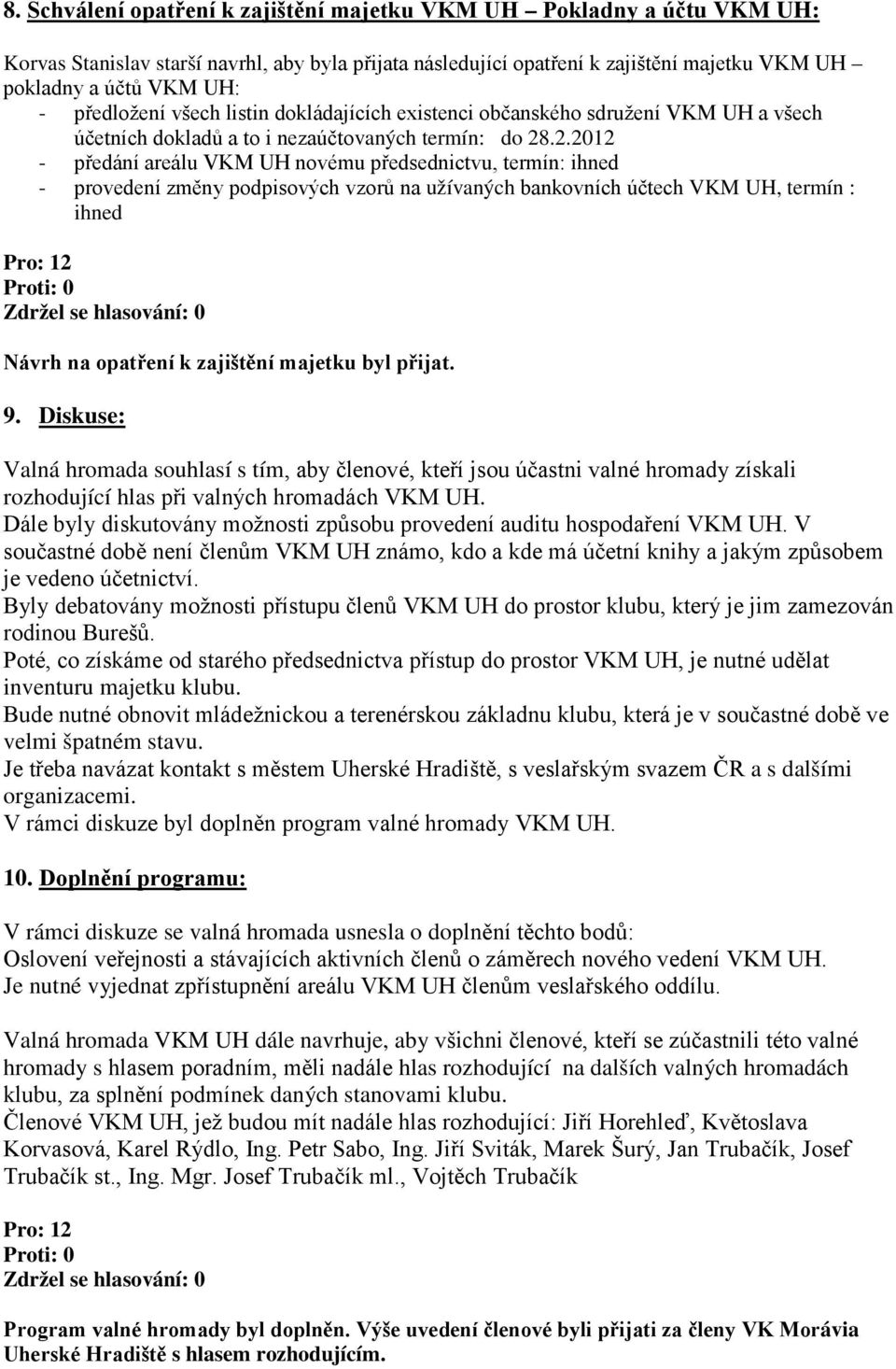 .2.2012 - předání areálu VKM UH novému předsednictvu, termín: ihned - provedení změny podpisových vzorů na užívaných bankovních účtech VKM UH, termín : ihned Návrh na opatření k zajištění majetku byl