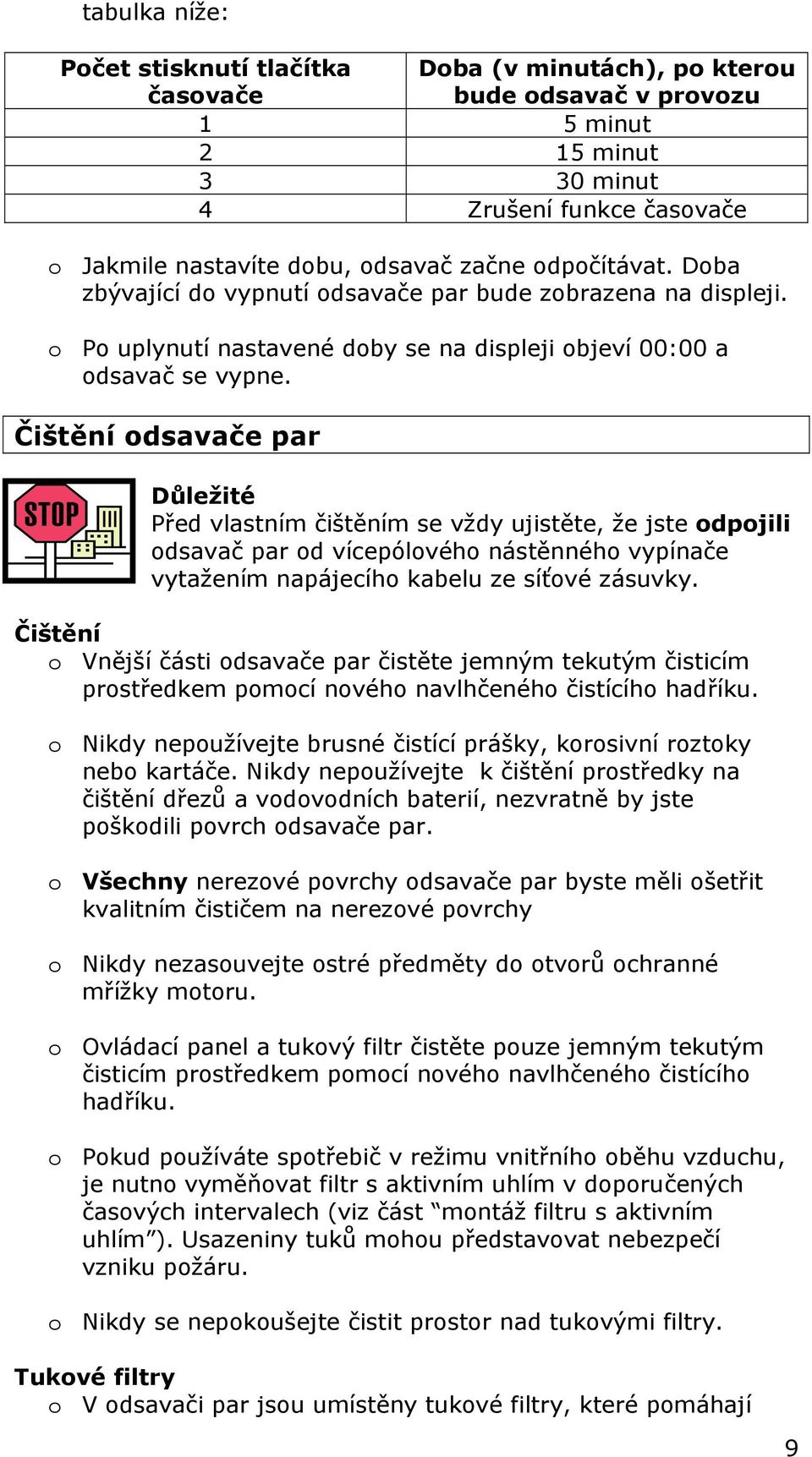 Čištění odsavače par Důležité Před vlastním čištěním se vždy ujistěte, že jste odpojili odsavač par od vícepólového nástěnného vypínače vytažením napájecího kabelu ze síťové zásuvky.