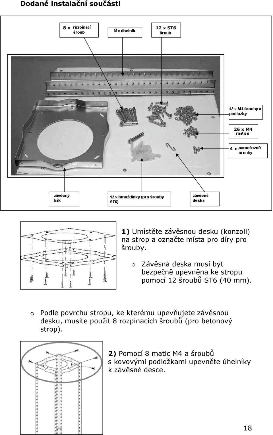 o Podle povrchu stropu, ke kterému upevňujete závěsnou desku, musíte použít 8 rozpínacích šroubů