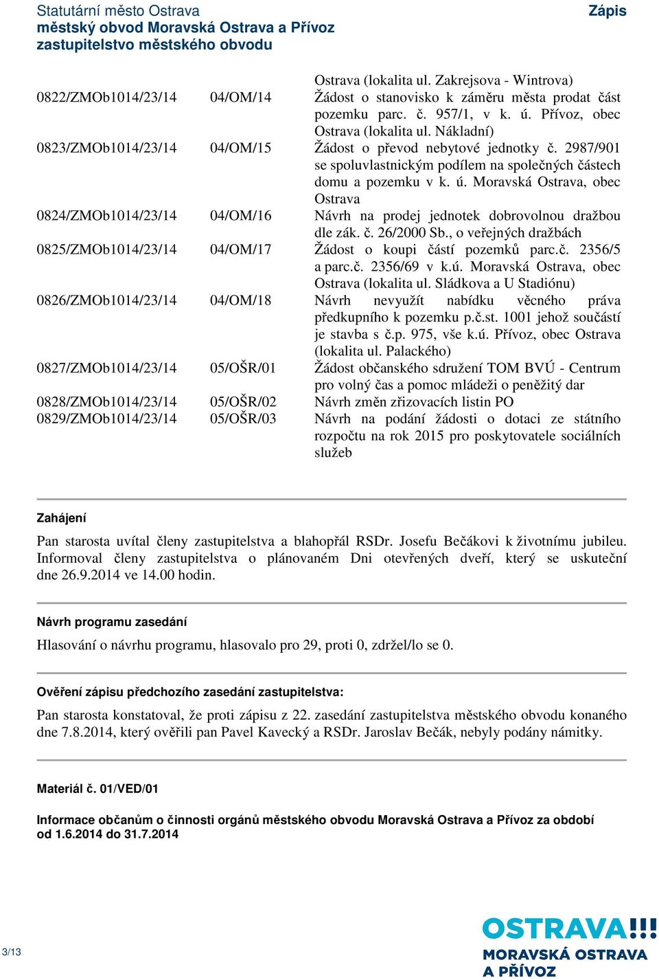 Moravská Ostrava, obec Ostrava 0824/ZMOb1014/23/14 04/OM/16 Návrh na prodej jednotek dobrovolnou dražbou dle zák. č. 26/2000 Sb.