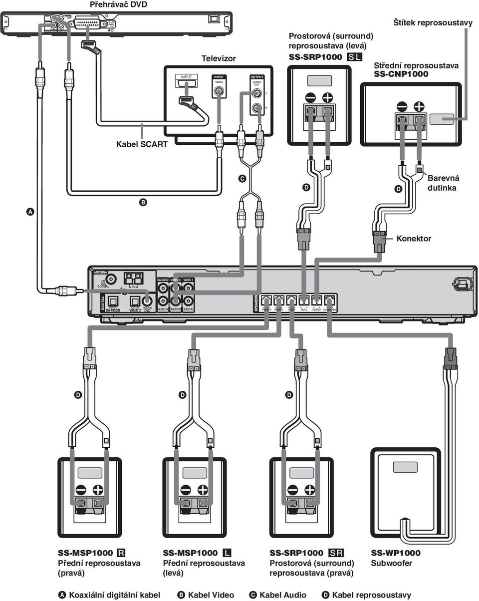 VIDEO 2 COAX DVD IN AUDIO IN R AUDIO IN R AUDIO IN FRONT R FRONT L SUR R SUR L CENTER SUBWOOFE R D D D SS-MSP1000 R Přední reprosoustava (pravá) SS-MSP1000 L