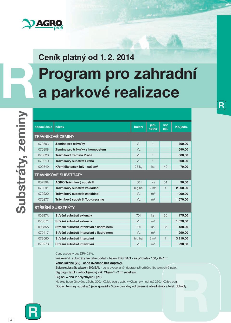 písek bílý - sušený 25 kg ks 40 79,00 TÁVNÍKOVÉ SUBSTÁTY 00750A AO Trávníkový substrát 50 l ks 51 96,60 073091 Trávníkový substrát zakládací big bal 2 m³ 1 2 900,00 070220 Trávníkový substrát