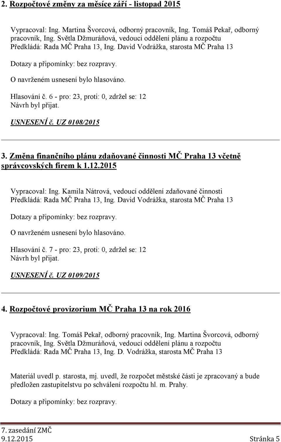 UZ 0108/2015 3. Změna finančního plánu zdaňované činnosti MČ Praha 13 včetně správcovských firem k 1.12.2015 Vypracoval: Ing.