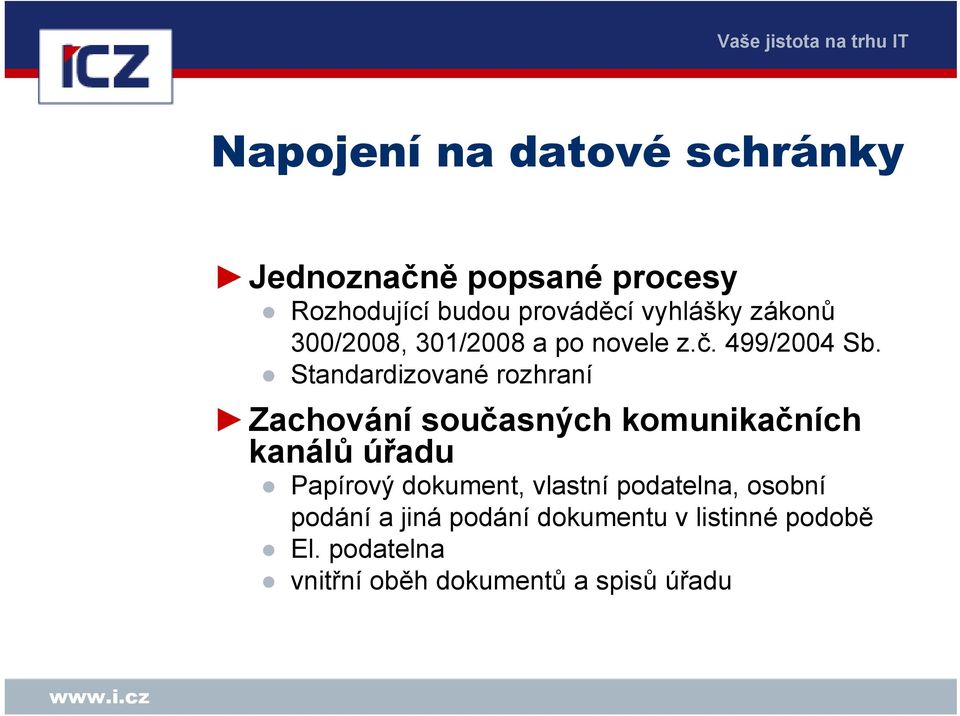 Standardizované rozhraní Zachování současných komunikačních kanálů úřadu Papírový dokument,