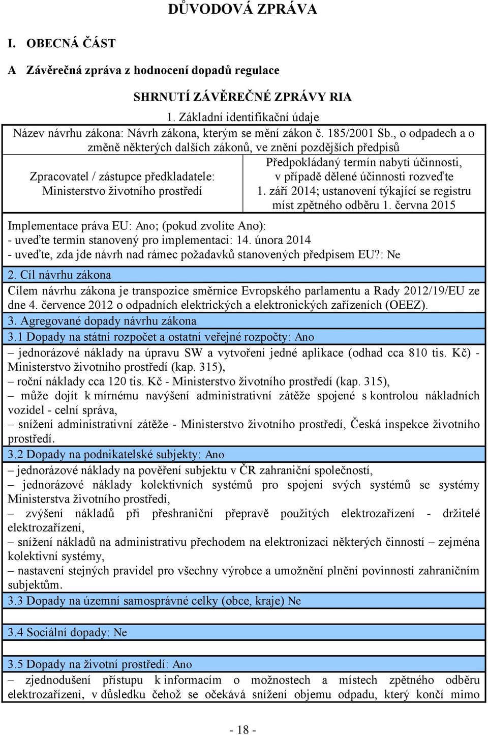 , o odpadech a o změně některých dalších zákonů, ve znění pozdějších předpisů Zpracovatel / zástupce předkladatele: Ministerstvo životního prostředí Předpokládaný termín nabytí účinnosti, v případě