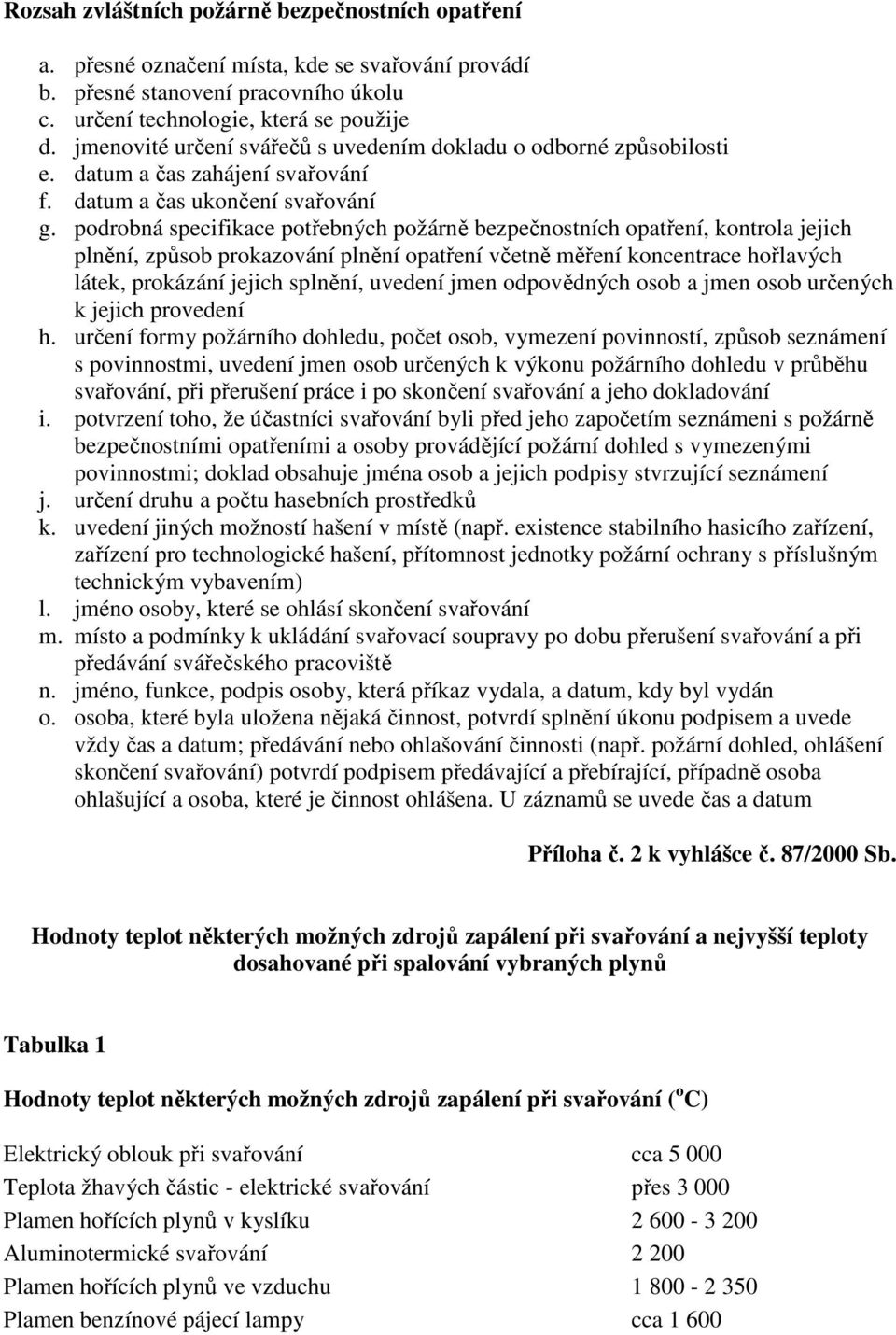 podrobná specifikace potřebných požárně bezpečnostních opatření, kontrola jejich plnění, způsob prokazování plnění opatření včetně měření koncentrace hořlavých látek, prokázání jejich splnění,