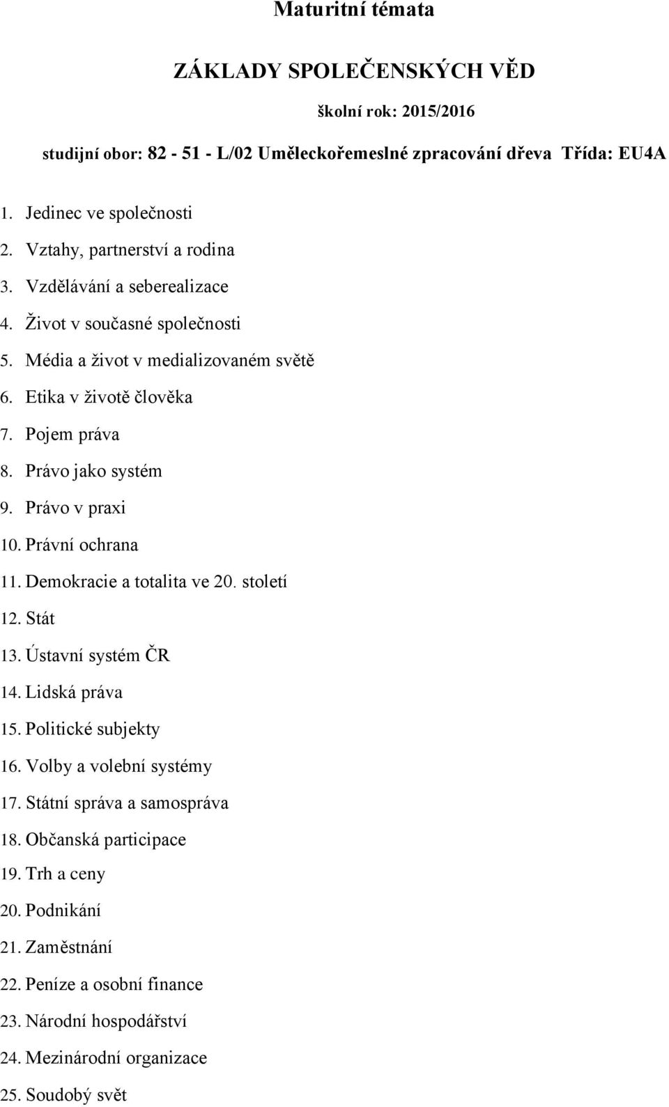 Právní ochrana 11. Demokracie a totalita ve 20. století 12. Stát 13. Ústavní systém ČR 14. Lidská práva 15. Politické subjekty 16. Volby a volební systémy 17.