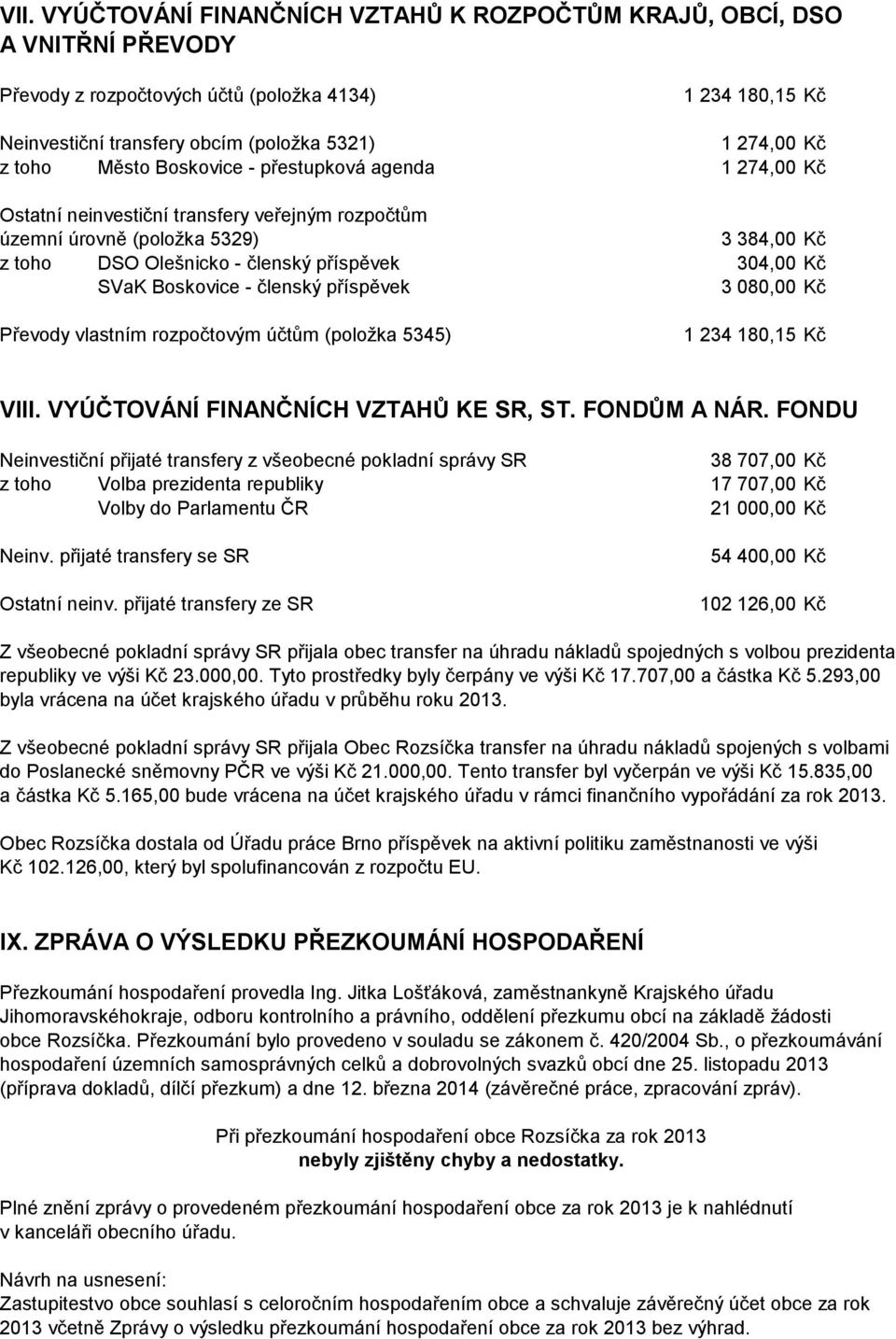 SVaK Boskovice - členský příspěvek 3 08 Kč Převody vlastním rozpočtovým účtům (položka 5345) 1 234 180,15 Kč VIII. VYÚČTOVÁNÍ FINANČNÍCH VZTAHŮ KE SR, ST. FONDŮM A NÁR.