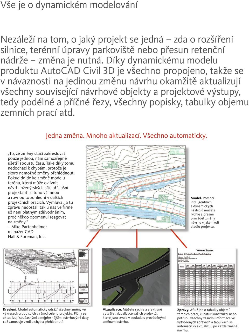 tedy podélné a příčné řezy, všechny popisky, tabulky objemu zemních prací atd. Jedna změna. Mnoho aktualizací. Všechno automaticky.