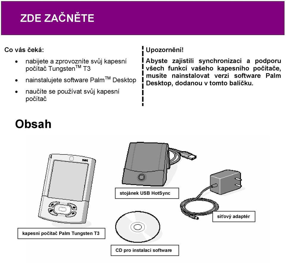 Abyste zajistili synchronizaci a podporu všech funkcí vašeho kapesního počítače, musíte nainstalovat verzi