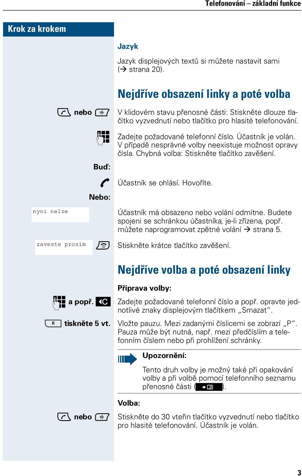 Účastník je volán. V případě nesprávné volby neexistuje možnost opravy čísla. Chybná volba: Stiskněte tlačítko zavěšení. Buď: p Účastník se ohlásí. Hovoříte.