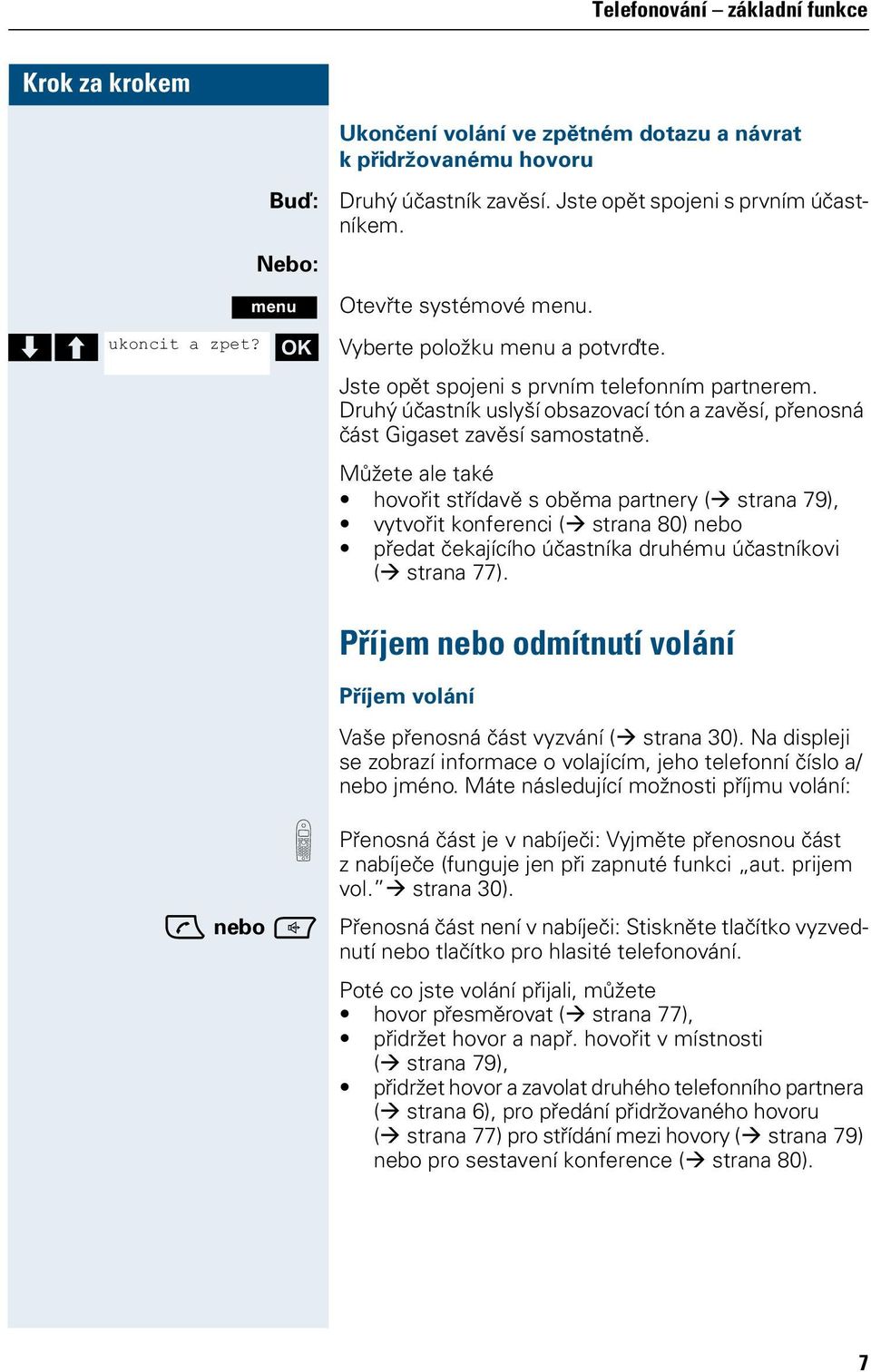 Můžete ale také hovořit střídavě s oběma partnery ( strana 79), vytvořit konferenci ( strana 80) nebo předat čekajícího účastníka druhému účastníkovi ( strana 77).