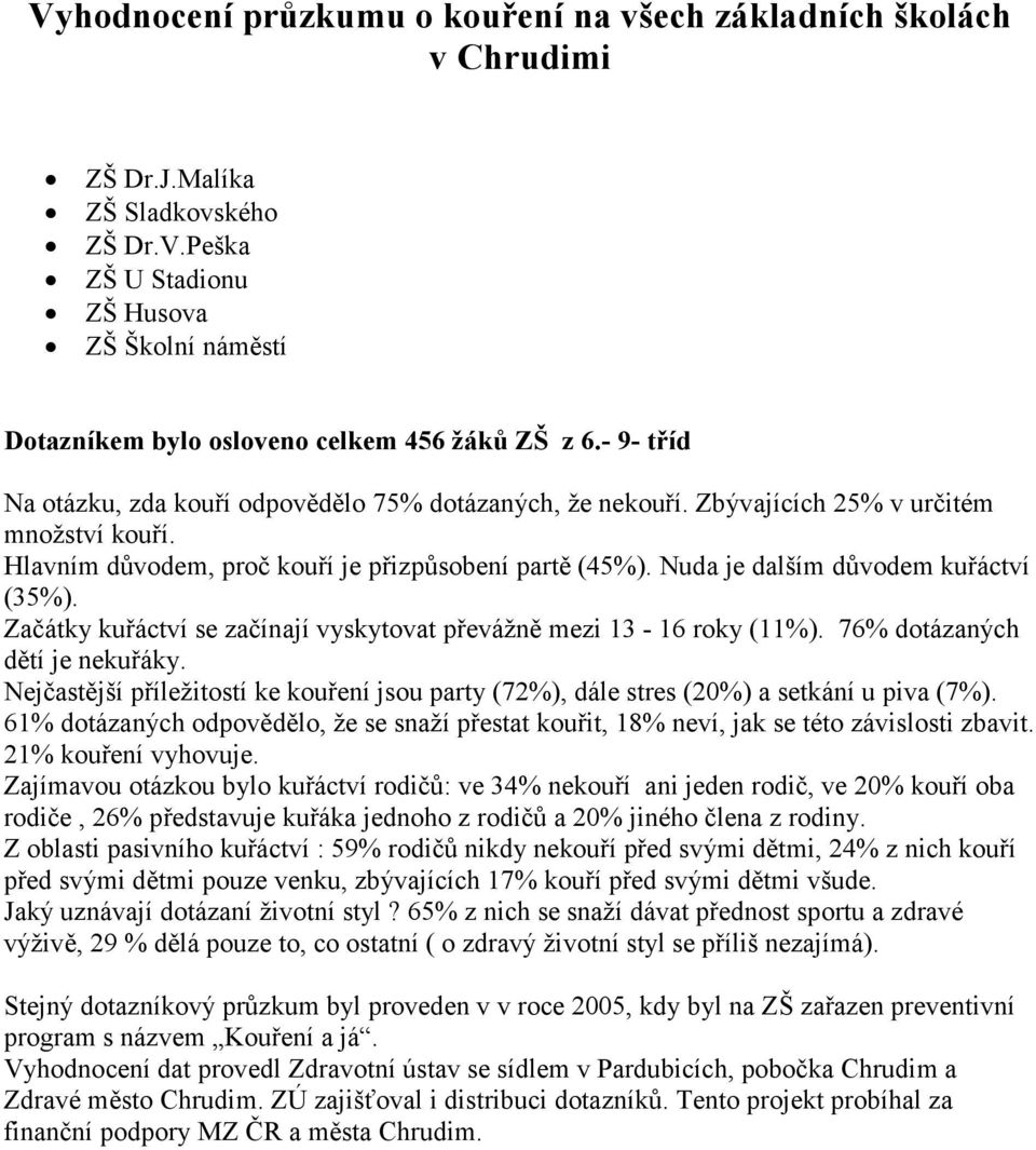 Nuda je dalším důvodem kuřáctví (35%). Začátky kuřáctví se začínají vyskytovat převážně mezi 13-16 roky (11%). 76% dotázaných dětí je kuřáky.