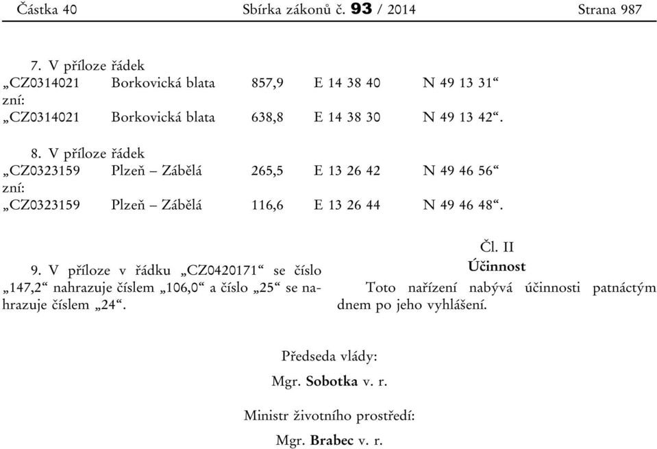 7,9 E 14 38 40 N 49 13 31 zní: CZ0314021 Borkovická blata 638,8 E 14 38 30 N 49 13 42. 8.