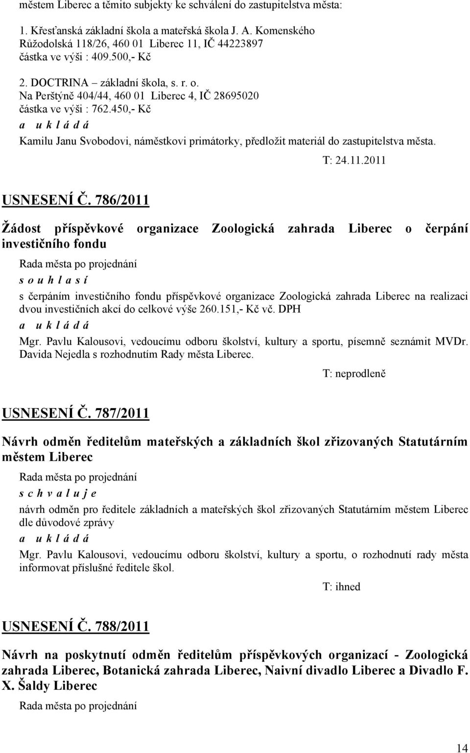 450,- Kč Kamilu Janu Svobodovi, náměstkovi primátorky, předložit materiál do zastupitelstva města. T: 24.11.2011 USNESENÍ Č.